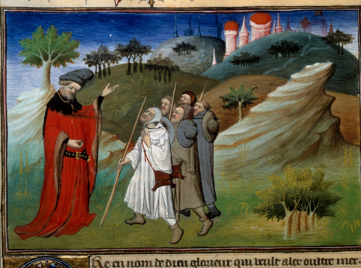 Des pelerins sur la road de la terre sainte Miniature in “” Voyages” 由约翰 (Jehan de Mandeville) (1300? - 1372) 撰写，由埃格顿大师 (约 1410-1412) 阐明，来自手稿集 (Ms 2810) ，对开页 142v.)“”奇迹之书和 作者 埃格顿大师