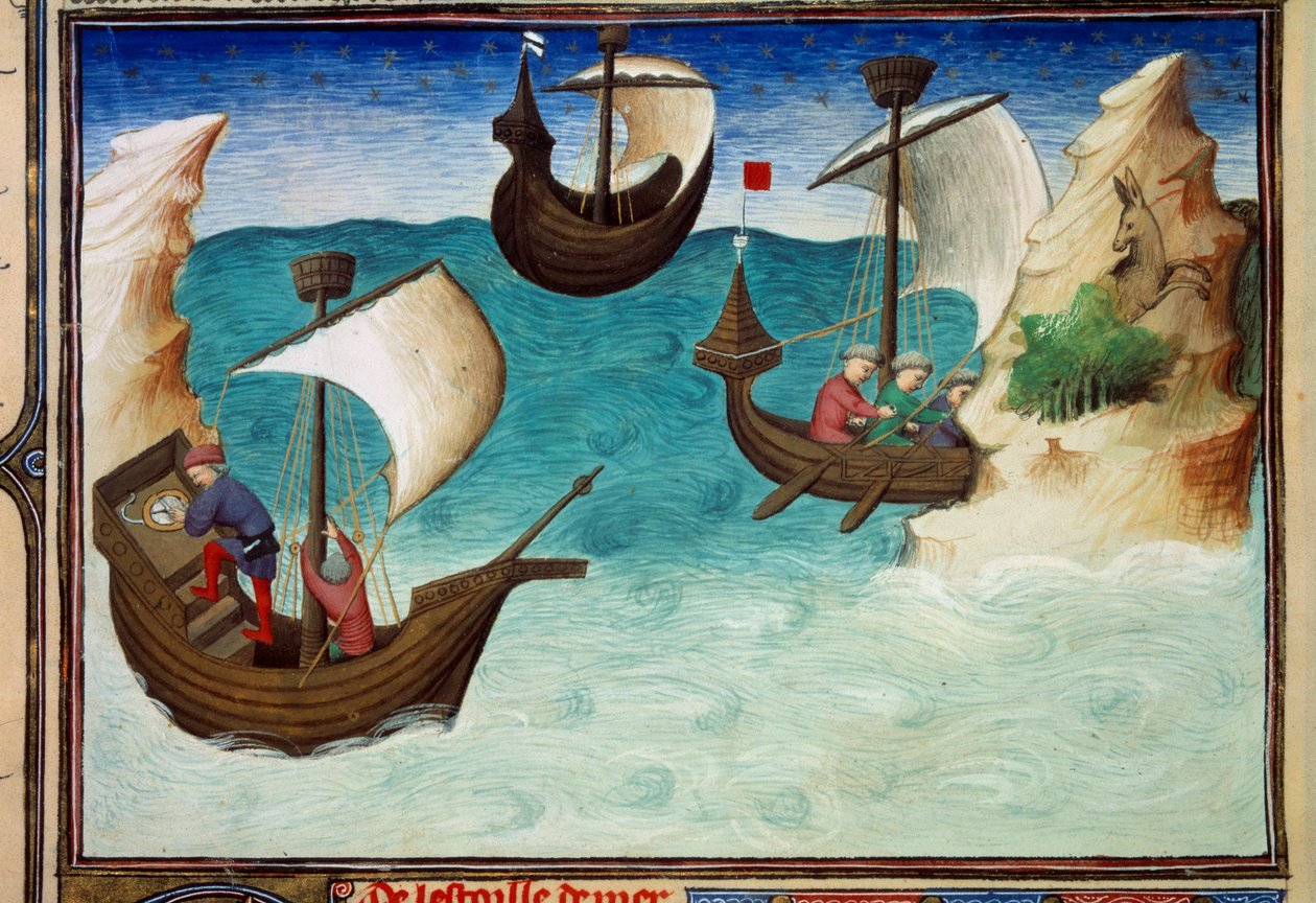 Navigators in the Indian Ocean oriented with stars and astrolabe. Miniature in “” The Book of Wonders of the World””, Ms. 2810, folio 188v enluminated by the Master of Egerton, written John (Jehan) de Mandeville (1300? 1382). Around 1410-1412. BN, Paris 作者 埃格顿大师