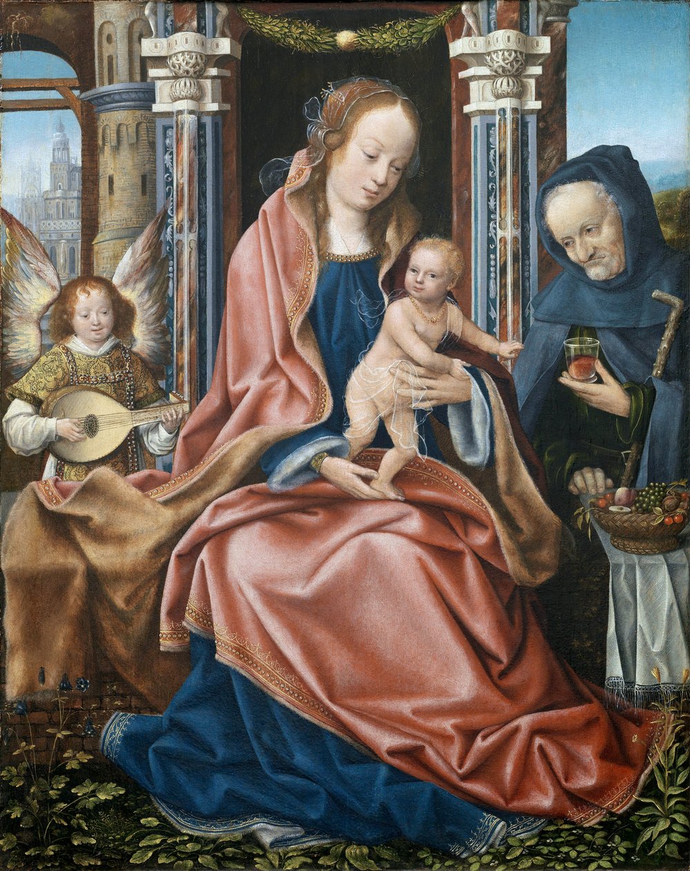 La sainte famille - 三联画中的神圣家庭和制作音乐的天使 - Panneau central, peinture du maitre de Francfort (vers 1460-1533), ca 1510-1520 - 木板油画, 78x60 - 普拉多博物馆, Madrid 作者 法兰克福大师