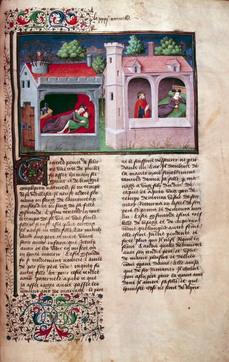 欢快的场景：两对情侣在交谈。意大利作家乔瓦尼-薄伽丘（Giovanni Boccaccio dit Jean Boccace，1313-1375 年）的法文手稿 "十日谈 "中的一页，由芒塞尔大师点亮。1450.巴黎，阿森纳图书馆 作者 让·曼塞尔大师