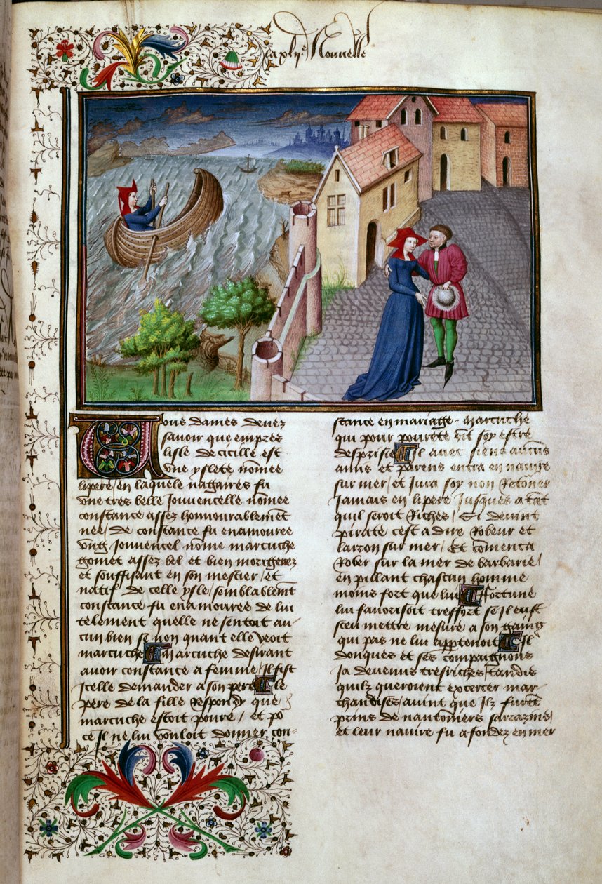 出发页摘自意大利作家乔瓦尼-薄伽丘（Giovanni Boccaccio dit Jean Boccaccio，1313-1375 年）的法文手稿《十日谈》，由曼塞尔大师绘制。1450.巴黎，阿森纳图书馆 作者 让·曼塞尔大师