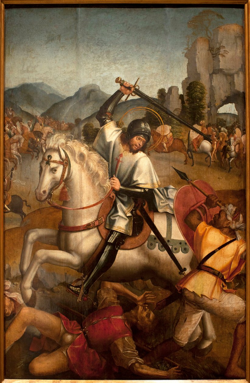 Saint Jacques Battle les moures - Painting attribuee au maitre de Lourinha, 木板油画，约 1520 年（圣詹姆斯与荒野作战，由 Lourinha 的大师绘制，面板油画，约 1520 年） - 里斯本古代艺术博物馆（葡萄牙） 作者 洛里尼亚大师
