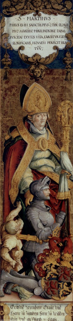 德语： Der Heilige Martin mit Bettler und dem Stifter Gottfried Werner von Zimmern 圣马丁与乞丐和捐赠者齐默恩的戈特弗里德-维尔纳 作者 梅斯基希大师