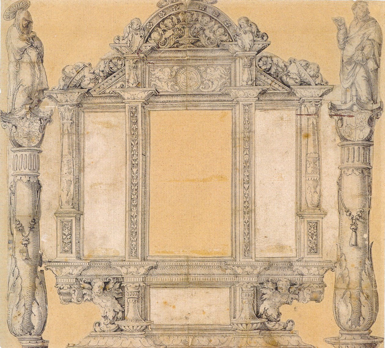 德语：Entwurf für das Rahmenwerk des ehemaligen Hochaltarretabels von St. 作者 梅斯基希大师