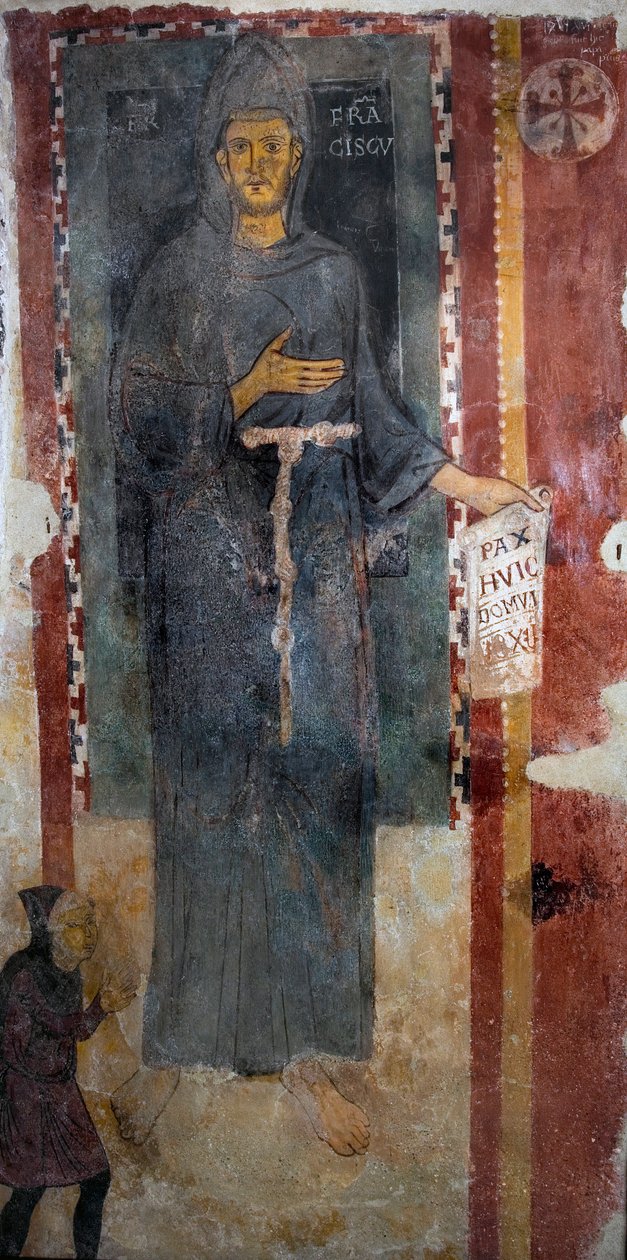 阿西西的圣弗朗索瓦（1181-1226）的代表作 这无疑是圣人在世时被处决的第一幅代表作，代表作没有污点，也没有金光。他拿着一张纸或用拉丁文写着 "Pax huic Domui"（和平）。 作者 阿西西圣方济各大师