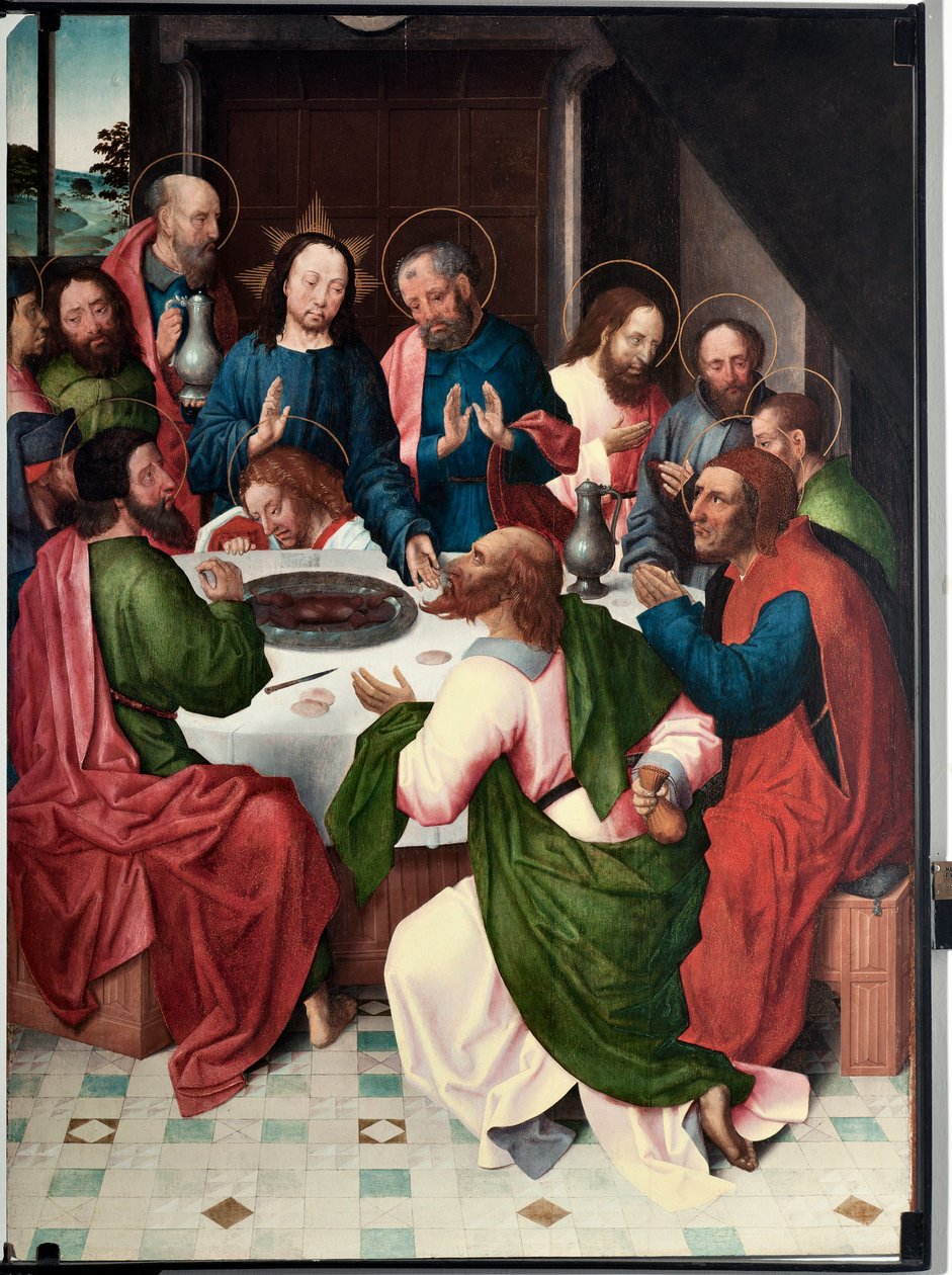 La cene（最后的晚餐）由 San Giovanni evangelista 大师绘画（15 世纪末）尺寸 120x90 厘米 Genes，Musei di Strada Nuova（前 Palazzo Bianco）inv n PB 156 作者 圣约翰福音传教士大师
