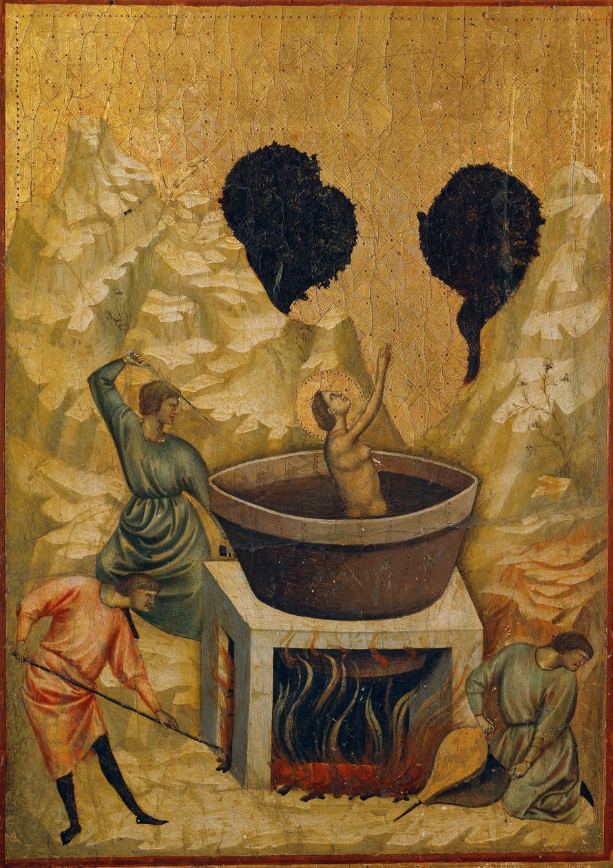 圣塞西尔的殉难，浸入沸水浴中（木上蛋彩画，13 世纪末 14 世纪初） 作者 圣塞西莉亚大师