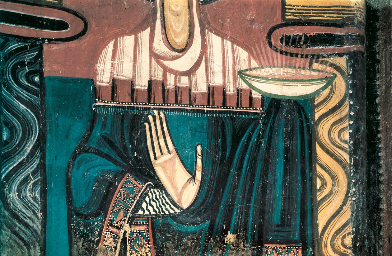 处女。 细节。 Saint Clement de Taull 大师的壁画。 约 1123 来自 Saint Clement de Taull 教堂的后殿（Sant Climent in Taull）。 加泰罗尼亚国家艺术博物馆，巴塞罗那。 作者 塔胡尔大师