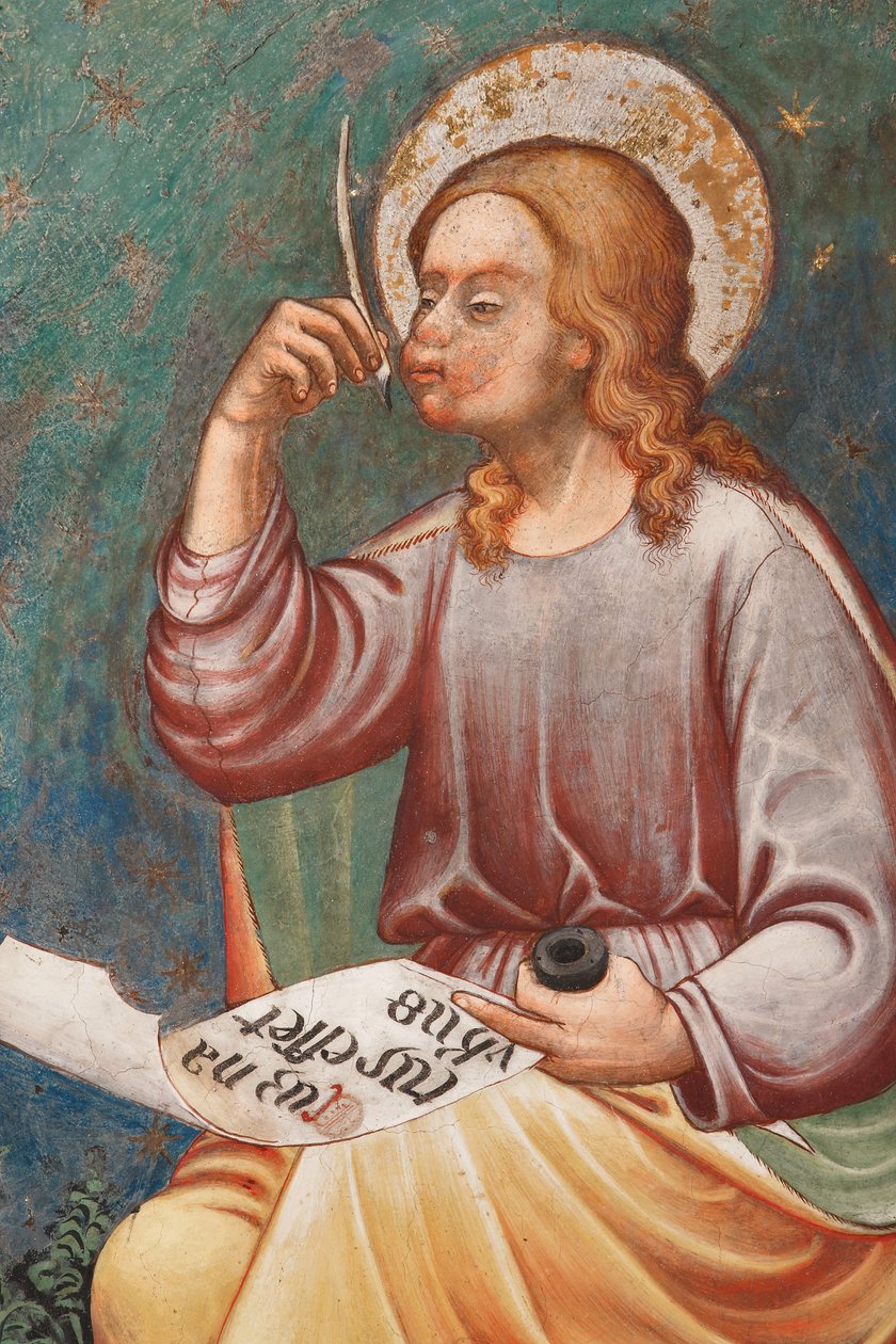 "福音书作者圣马太 "书写 "Cum natus esset Yhesus"，约 1420 年（壁画），细节，约 1420 年（壁画） 作者 维尼奥拉大师