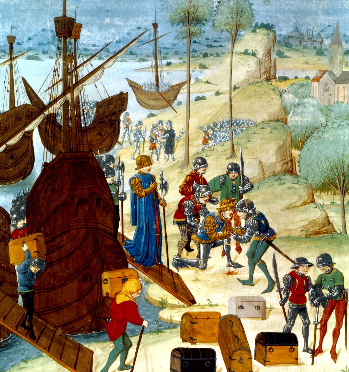 爱德华三世国王于1346年7月12日抵达Saint Vaast La Hogue，来自Chroniques dAngleterre的插图 作者 瓦夫林大师