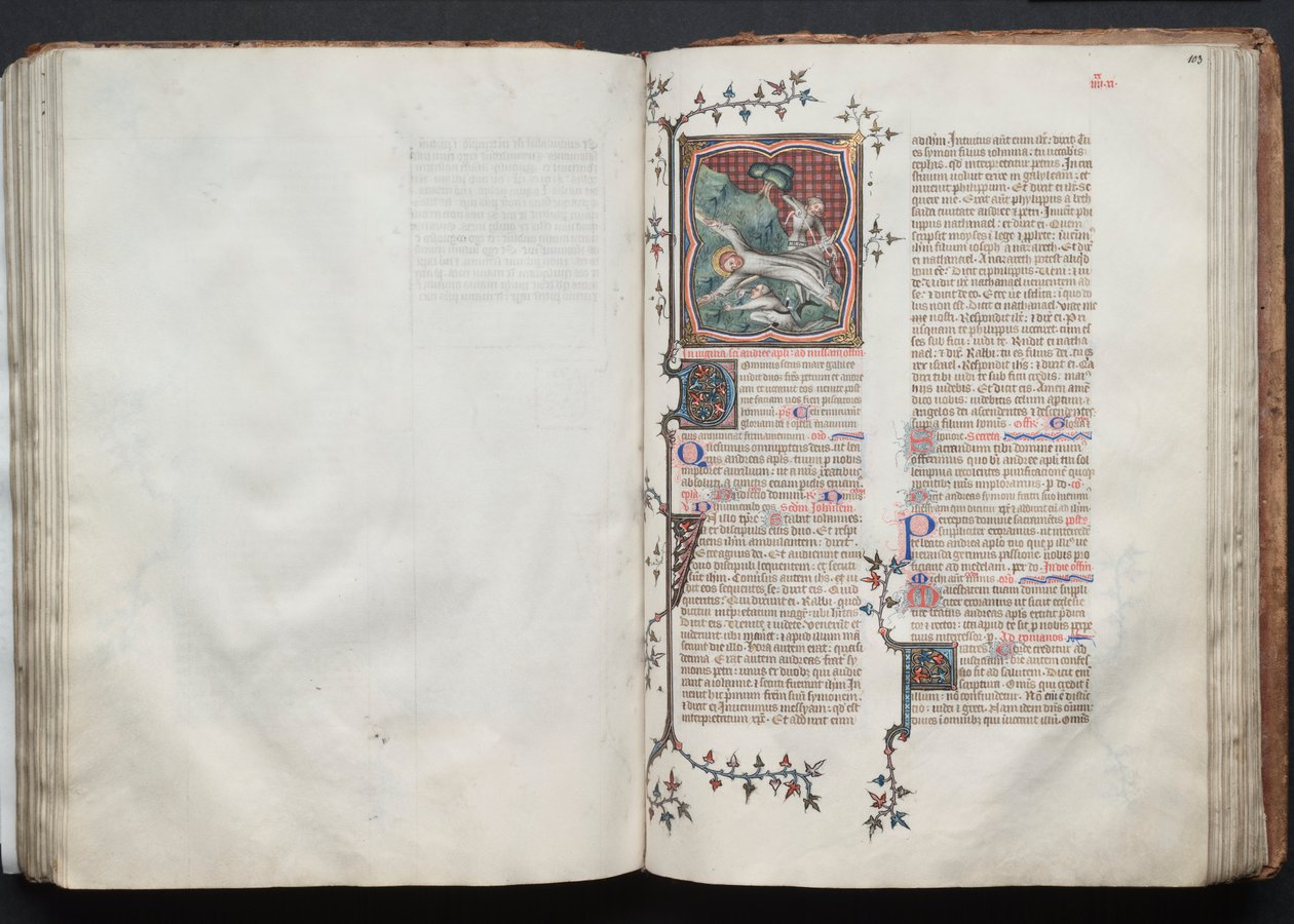 哥达弥撒曲》（The Gotha Missal）。Fol.103r，圣安德鲁被绑在十字架上，约1375年。 作者 Boqueteaux大师