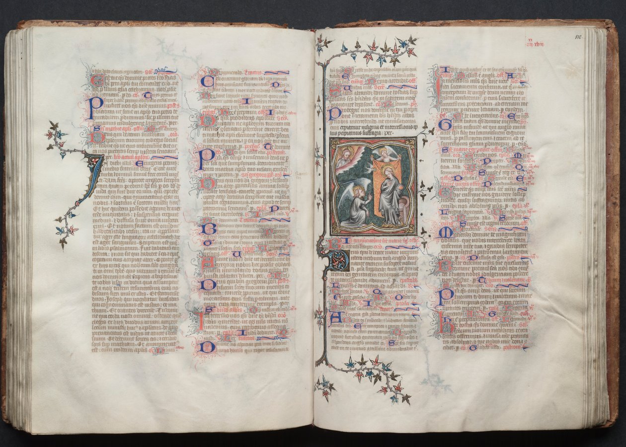 哥达弥撒曲》（The Gotha Missal）。Fol.110r, The Annunciation, c. 1375. 作者 Boqueteaux大师