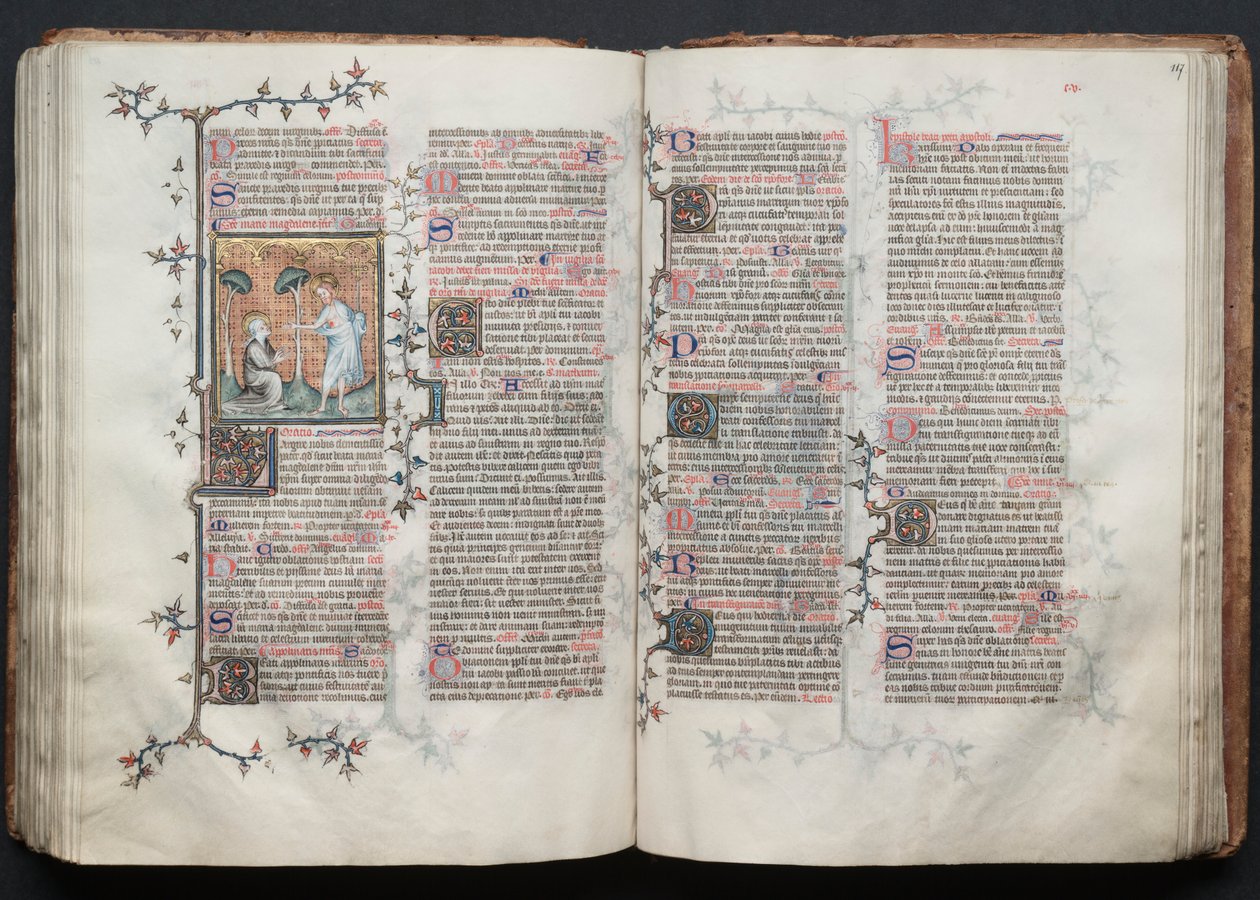 Gotha Missal: Fol. 116v, St.抹大拉的玛丽跪下，约1375年。 作者 Boqueteaux大师