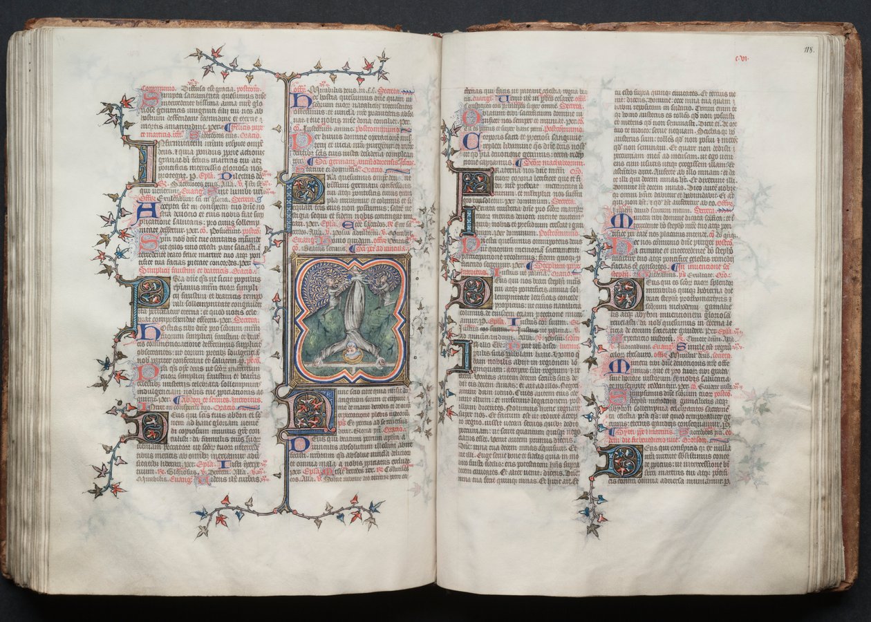哥达弥撒曲》（The Gotha Missal）：Fol.117v，圣彼得被倒绑在十字架上，约1375年。 作者 Boqueteaux大师