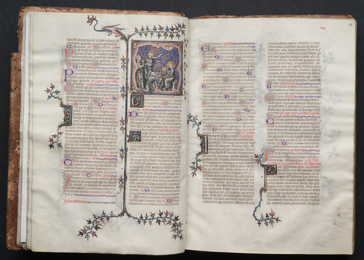 哥达弥撒曲》（The Gotha Missal）。Fol.17v，《麦琪的崇拜》，约1375年。 作者 Boqueteaux大师