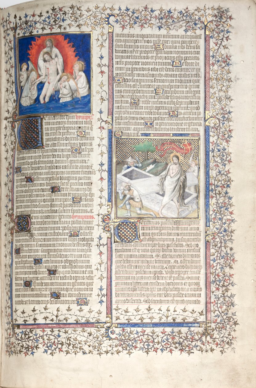 哥达弥撒曲》（The Gotha Missal）。Fol.1r, Trinity and Resurrection , c. 1375. 作者 Boqueteaux大师