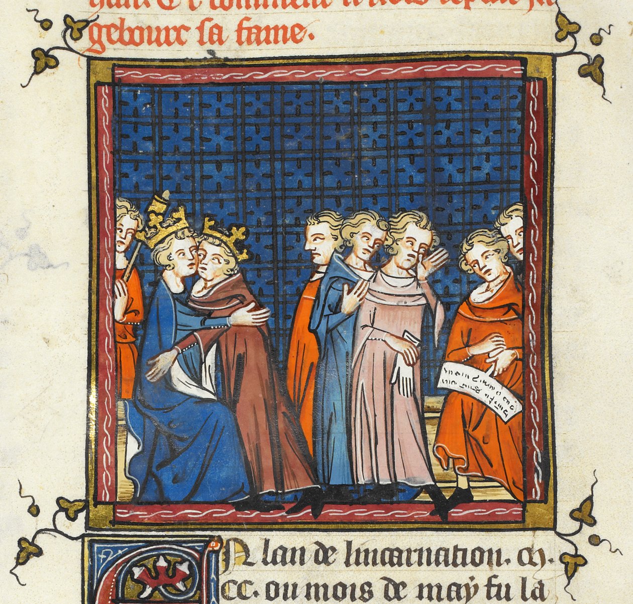 菲利普-奥古斯都和英格兰国王约翰媾和，《Grandes Chroniques de France ou de St Denis》插图 作者 康布雷大师Mahiet大师