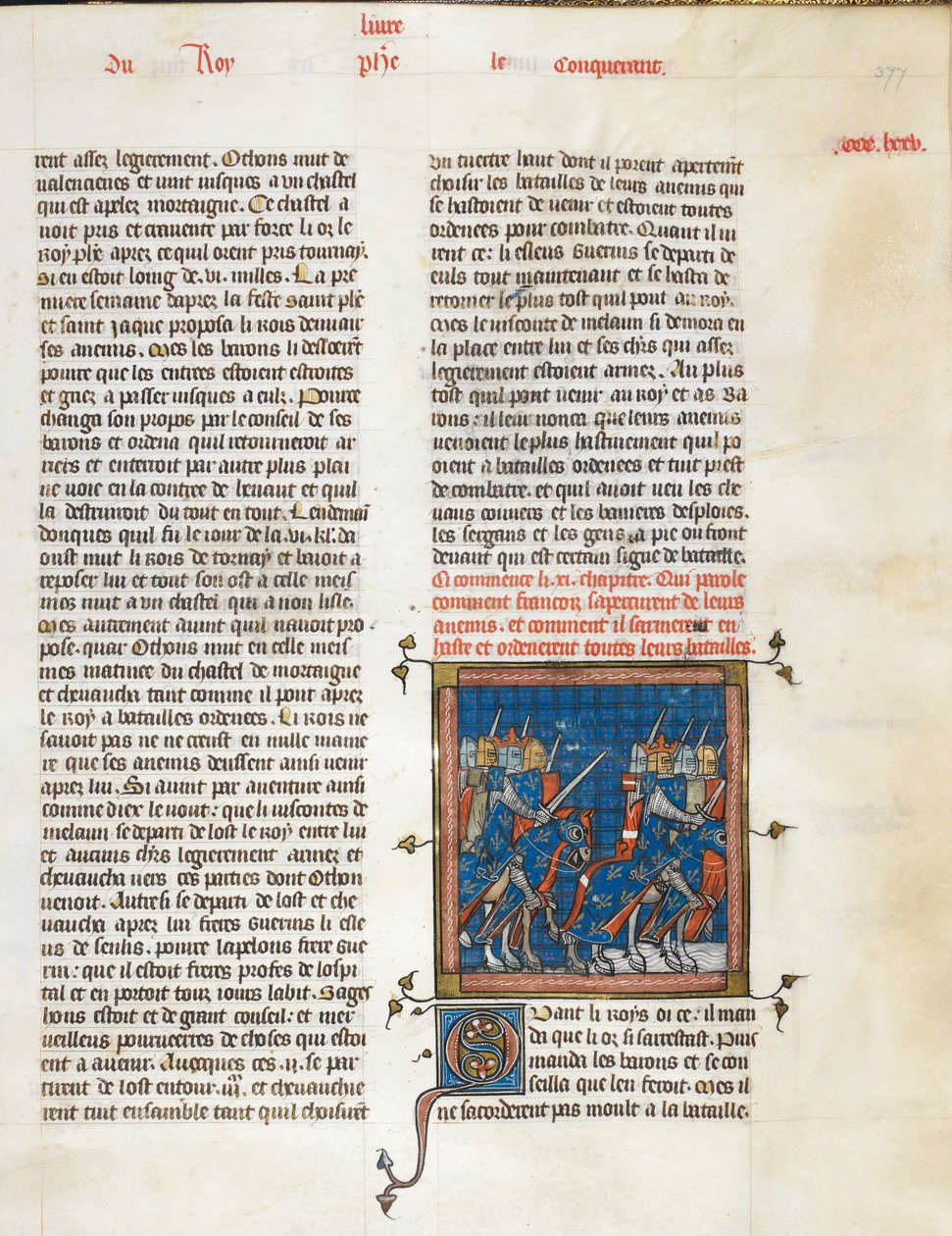 皇家 16 G. VI, f.377 向 Bouvines 进军的法国军队，选自《Les Grandes chroniques de France》，约 1332-50 年（牛皮纸上的墨水、彩色和金色） 作者 康布雷大师Mahiet大师