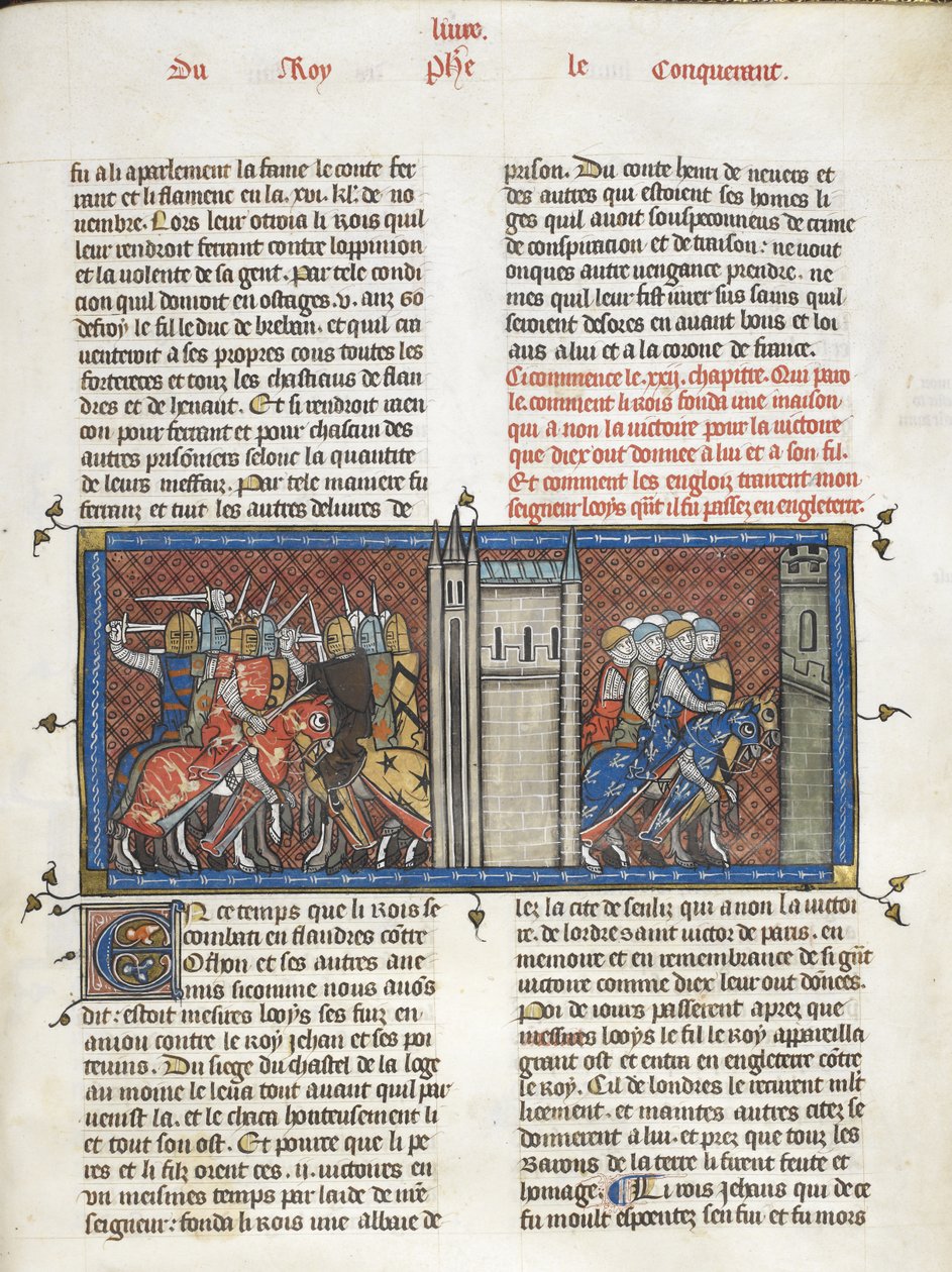 皇家 16 G. VI f.385 英格兰国王约翰和路易八世在行军途中的战斗，选自 "Les Grandes chroniques de France"，约 1332-50 年（牛皮纸上的墨水、彩色和金色）。 作者 康布雷大师Mahiet大师