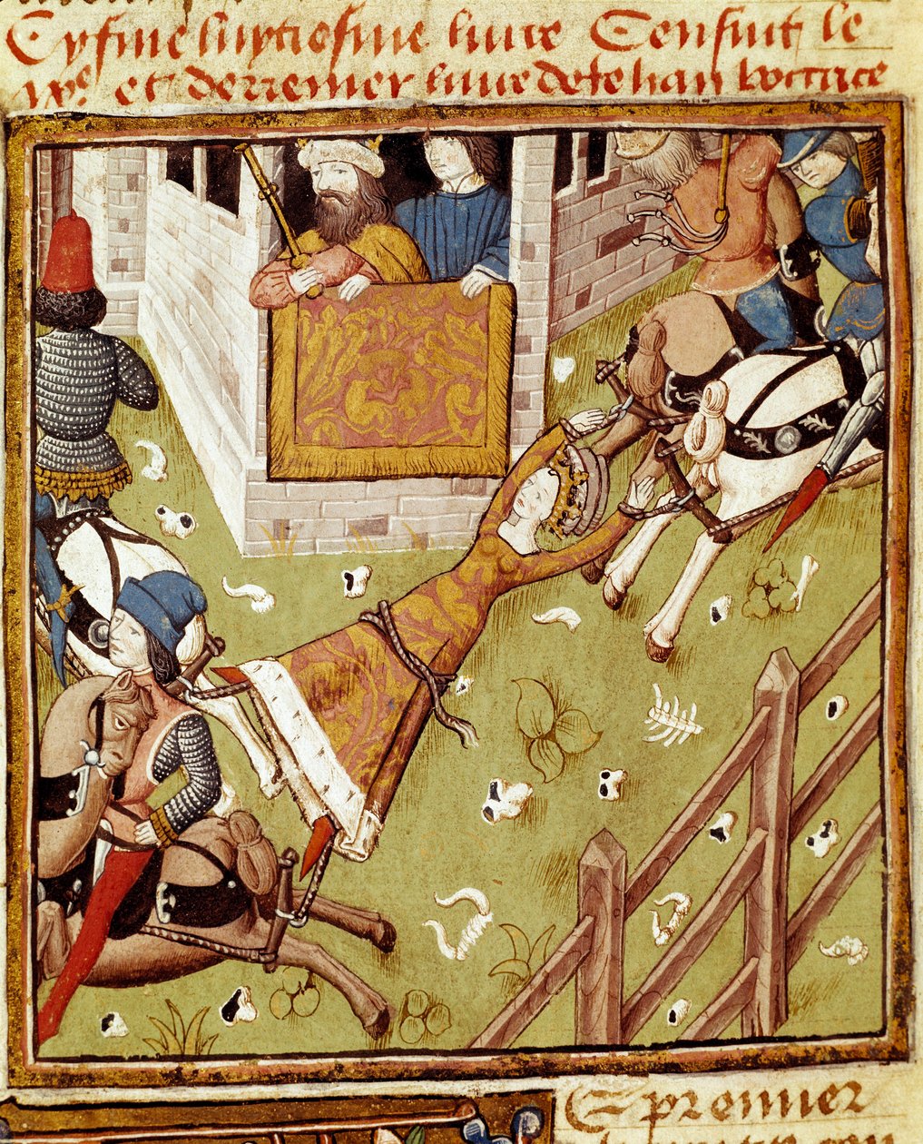 Brunehaut 的酷刑：Brunehaut 或 Brunehilde (543-613)，Clotaire (Clothaire) II 的囚犯，被从两边吸引其成员的马撕裂 - 手稿“Des hommes illustres”中的女士冠军大师的缩影 “””” 15 作者 冠军夫人的大师