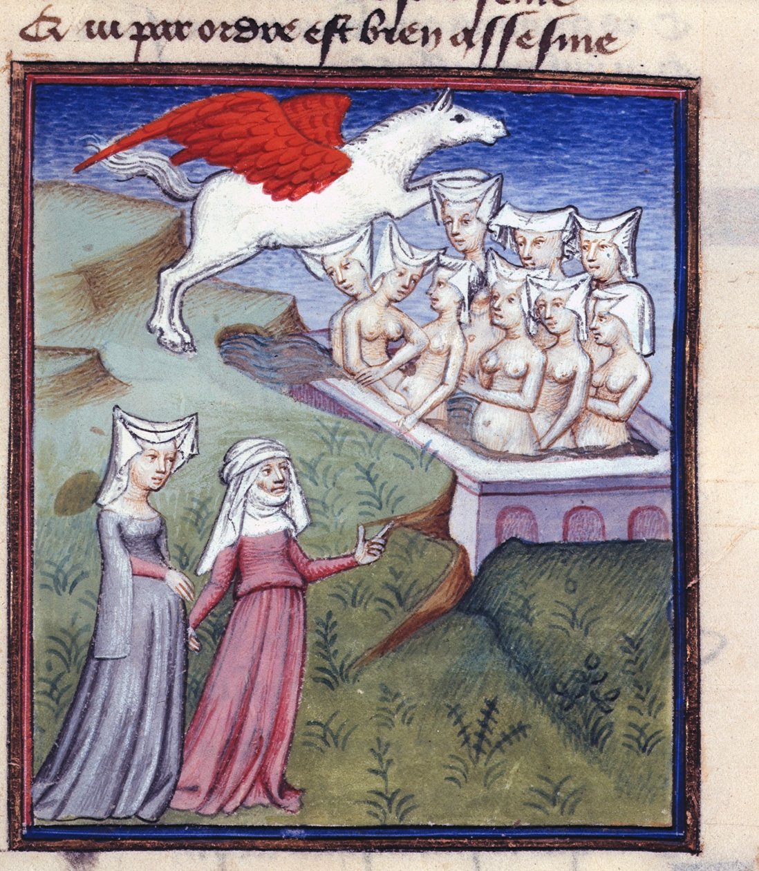 Harl 4431 fol.183 《沐浴的九位缪斯女神》，选自《克里斯蒂娜-德-皮桑作品集 作者 Cite des Dames 大师
