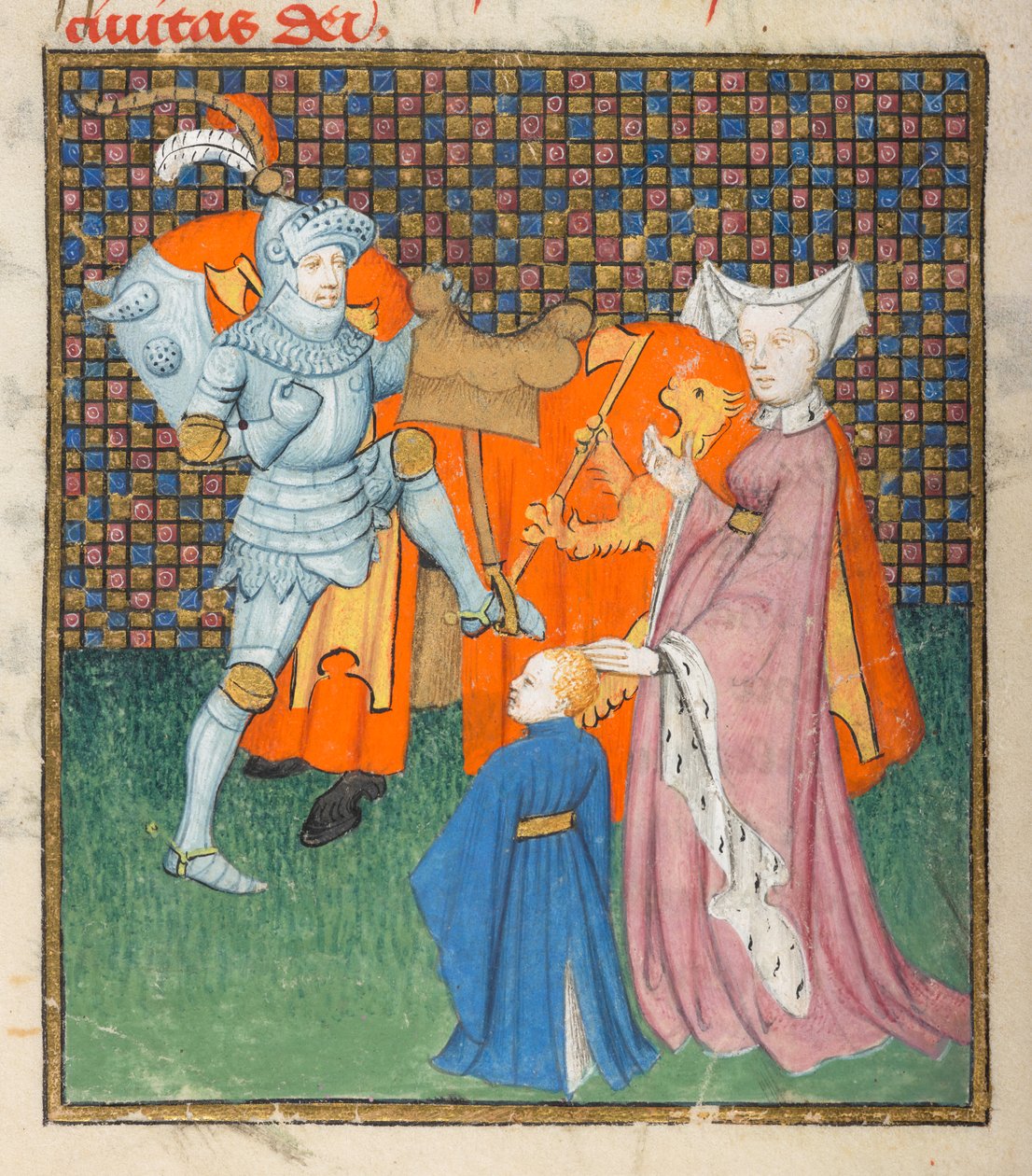 哈雷 4431，f.135v 赫克托耳和安德洛玛克的细节，选自克里斯蒂娜-德-皮赞的 "王后之书"（牛皮纸）。 作者 Cite des Dames 大师