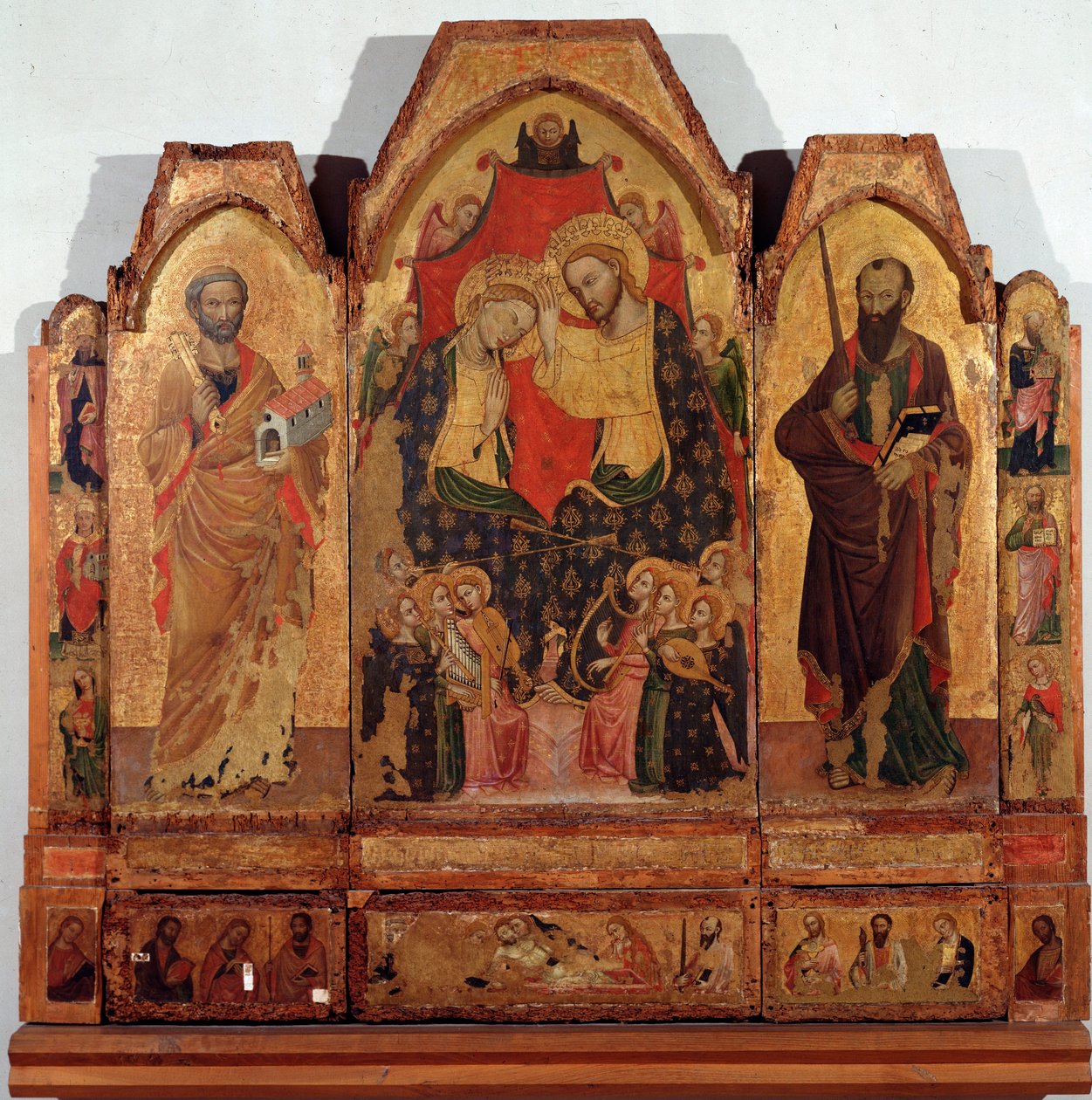 Triptych of the coronation of the virgin with the saints Peter and Paul Painting of the master of Polittico di Corleone 作者 柯里昂息肉大师