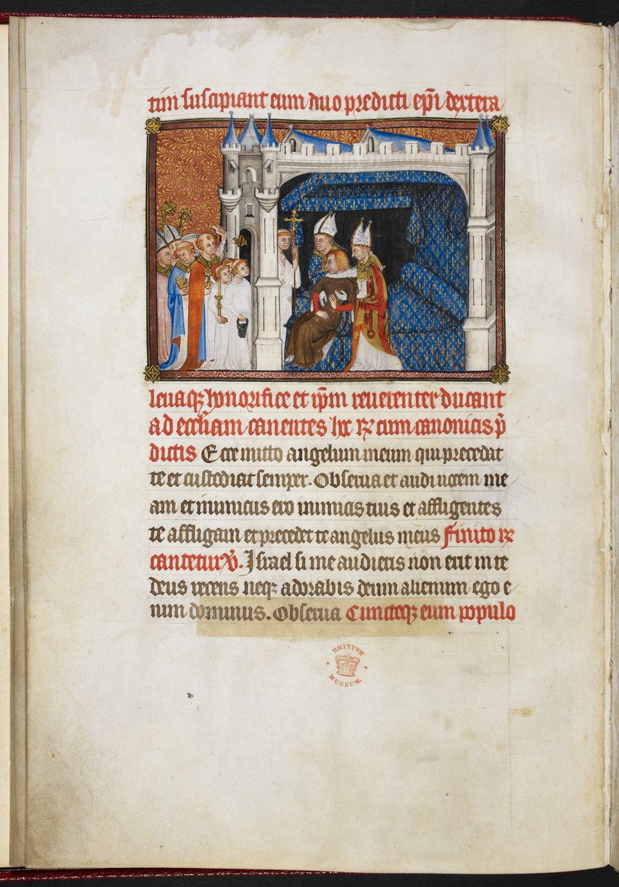 Cotton Tiberius B.VIII f.44v 兰斯主教和博韦主教将国王从头顶抬起，选自 "法国国王查理五世加冕簿"。 作者 查理五世加冕书大师