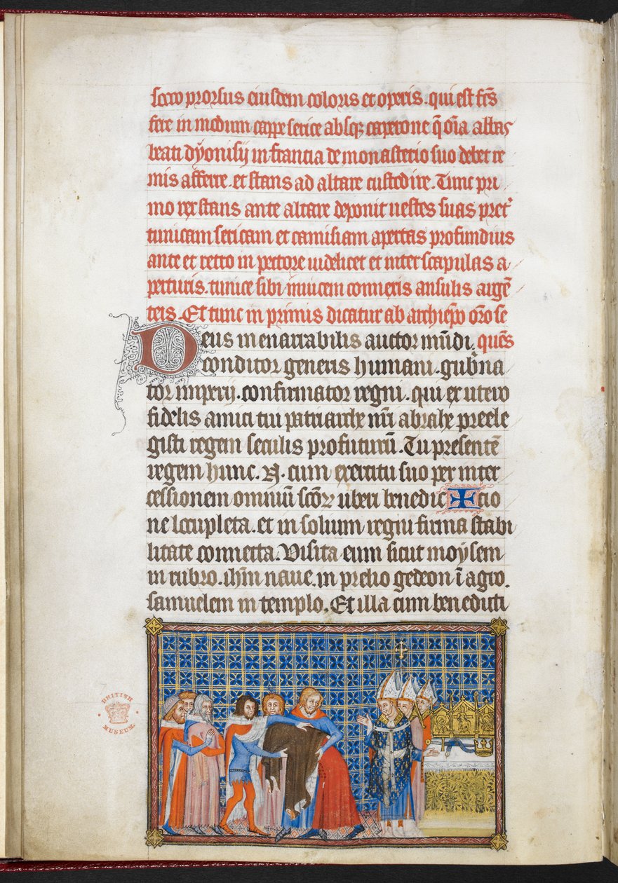 Cotton Tiberius B. VIII f.47v 国王脱去外衣，插图选自《法国国王查理五世加冕簿 作者 查理五世加冕书大师