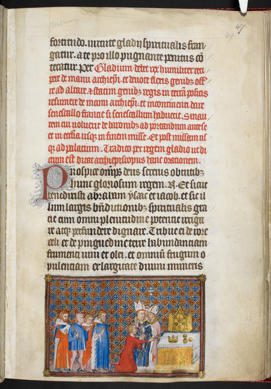 Cotton Tiberius B. VIII f.49r 国王在祭坛上献剑，《法国国王查理五世加冕簿》插图 作者 查理五世加冕书大师