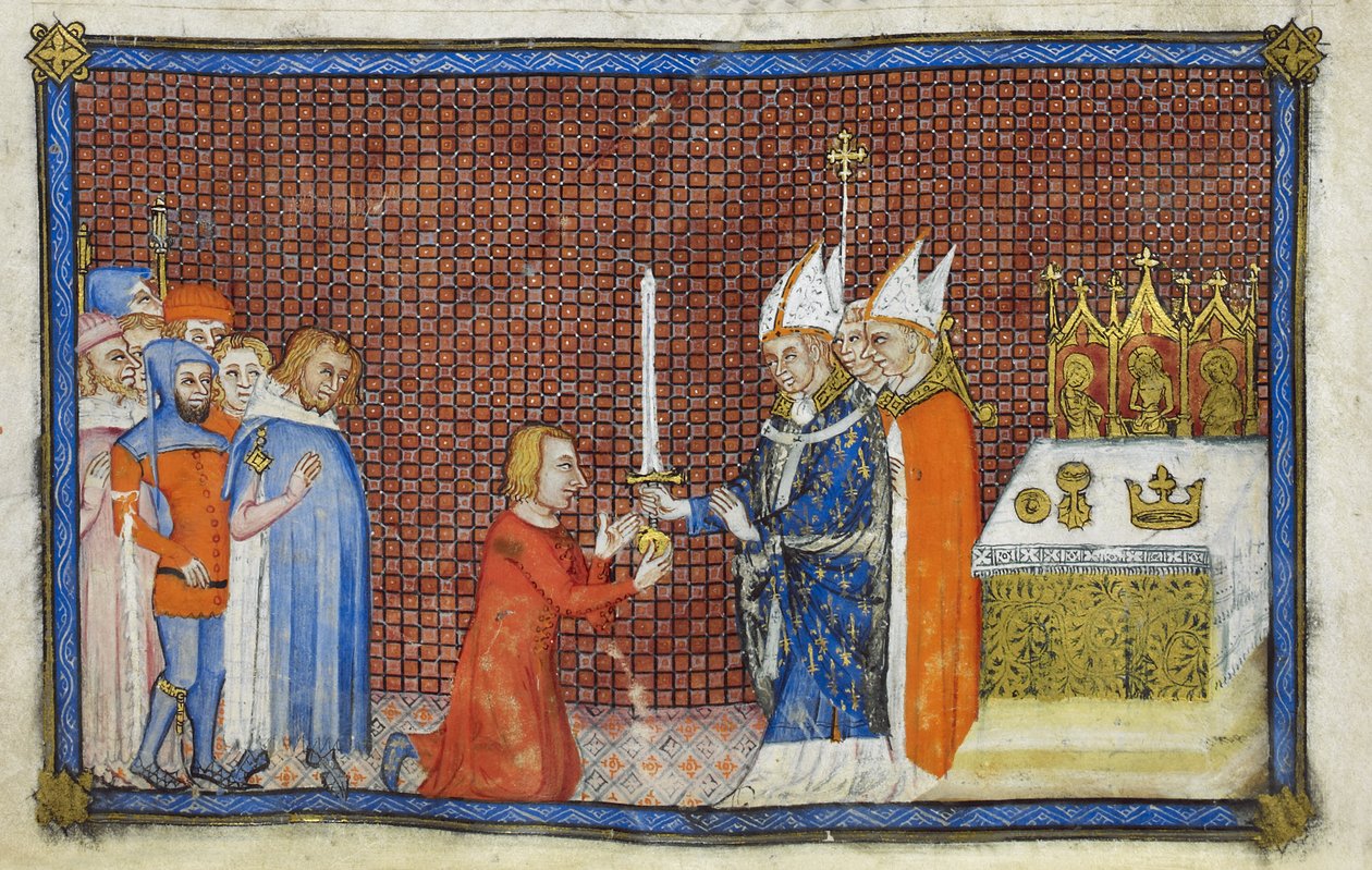 Cotton Tiberius B. VIII f.49v 兰斯大主教将剑归还国王，"法国国王查理五世加冕簿 "中的插图 作者 查理五世加冕书大师