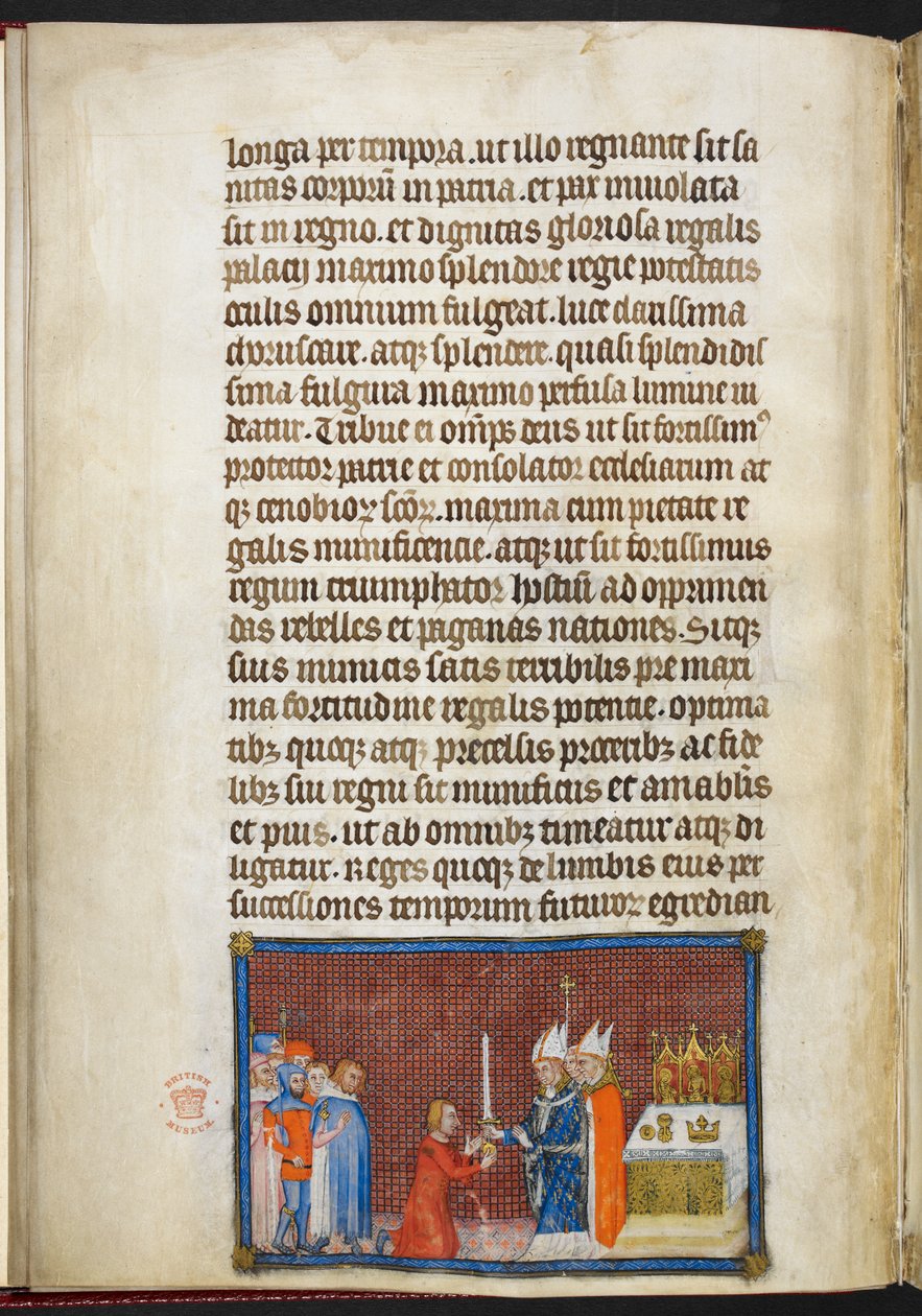 Cotton Tiberius B. VIII f.49v 兰斯大主教将剑归还国王，"法国国王查理五世加冕簿 "中的插图 作者 查理五世加冕书大师