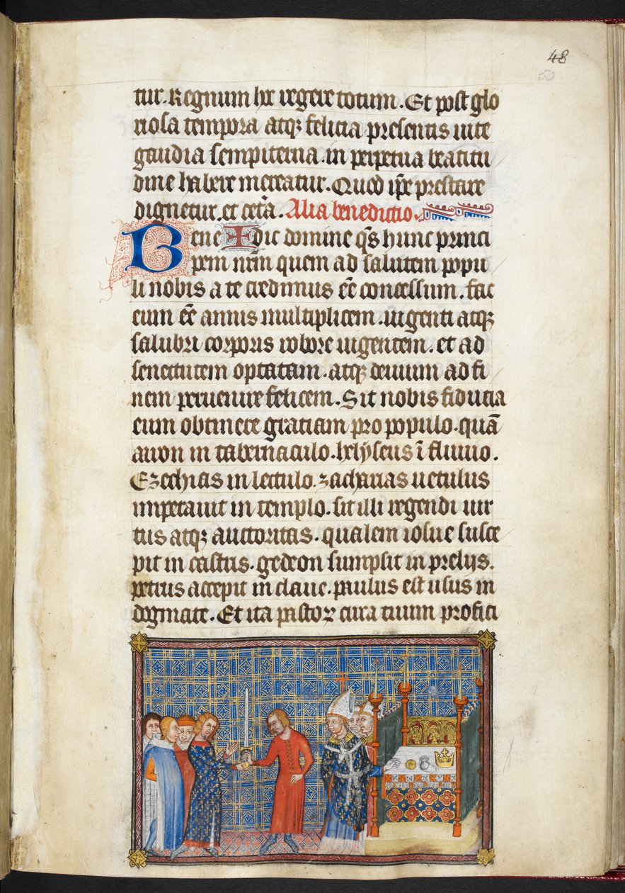 Cotton Tiberius B. VIII f.50r 国王向元老（安茹公爵）转交宝剑，选自 "法国国王查理五世加冕簿"。 作者 查理五世加冕书大师