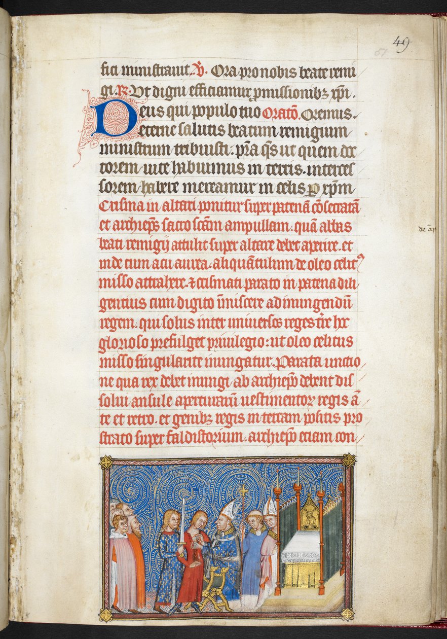 Cotton Tiberius B. VIII f.51r，兰斯大主教解开国王的外衣，选自《法国国王查理五世加冕簿 作者 查理五世加冕书大师