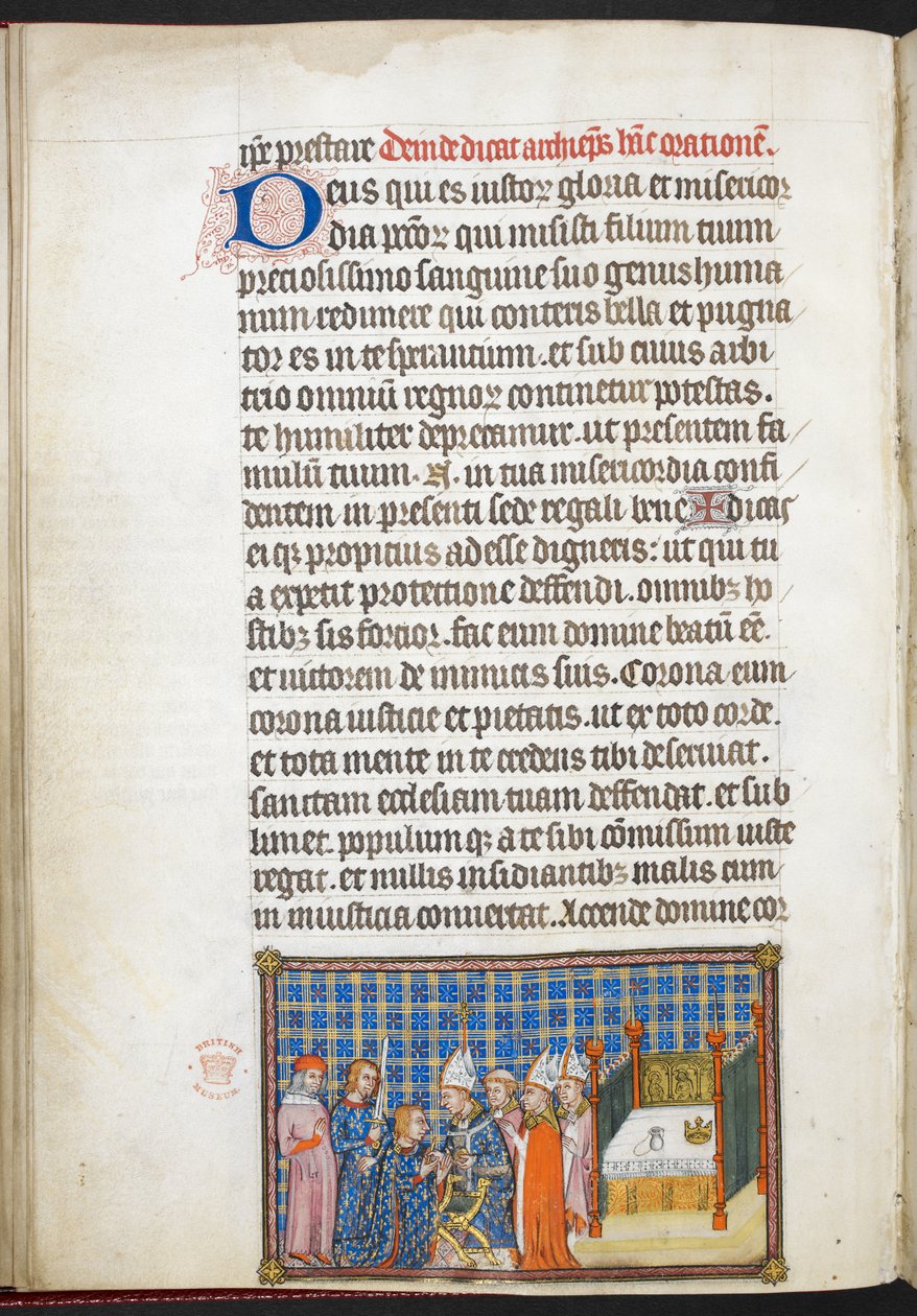 Cotton Tiberius B. VIII f.55v 国王接受圣手，选自《法国国王查理五世加冕簿 作者 查理五世加冕书大师