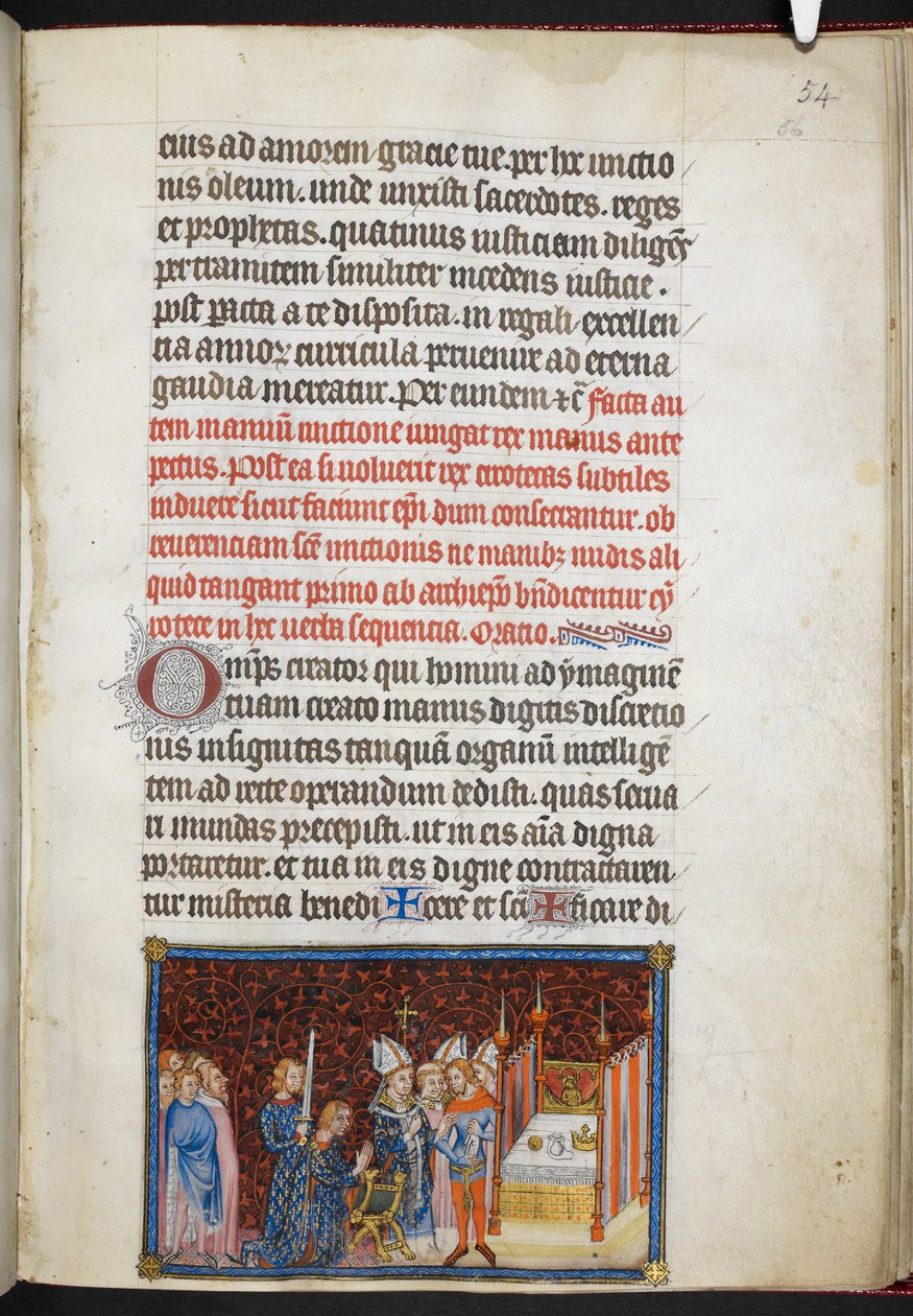 Cotton Tiberius B. VIII f.56r 兰斯大主教为国王的手套祈福，选自《法国国王查理五世加冕簿 作者 查理五世加冕书大师