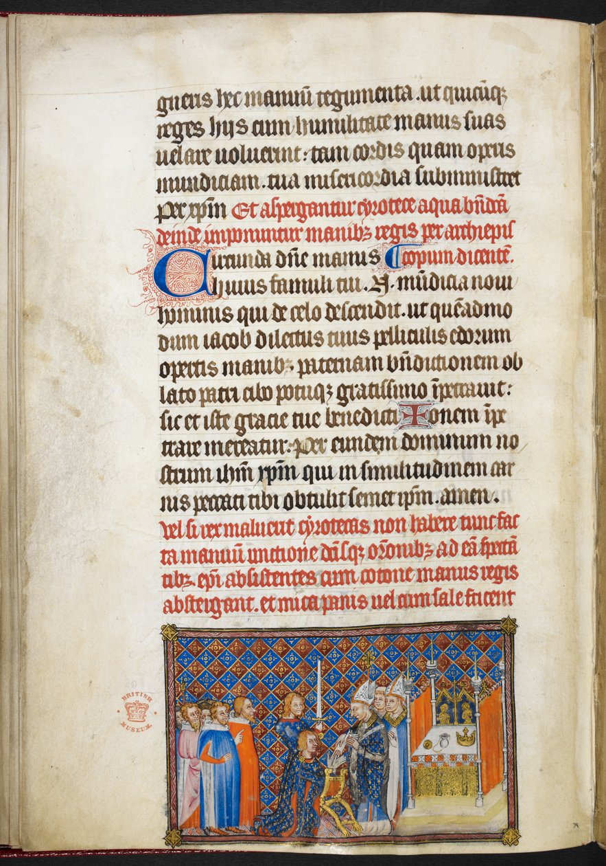Cotton Tiberius B. VIII f.56v，兰斯大主教为国王戴上手套，选自《法国国王查理五世加冕簿 作者 查理五世加冕书大师