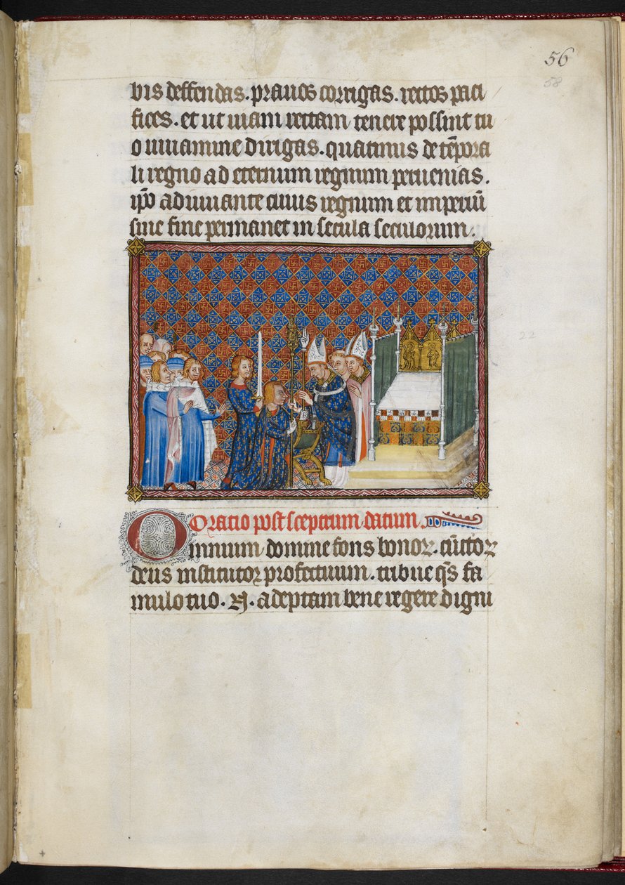 Cotton Tiberius B. VIII f.58r 国王接受权杖和virga（"Main de la Justice"），选自 "法国国王查理五世加冕簿"。 作者 查理五世加冕书大师