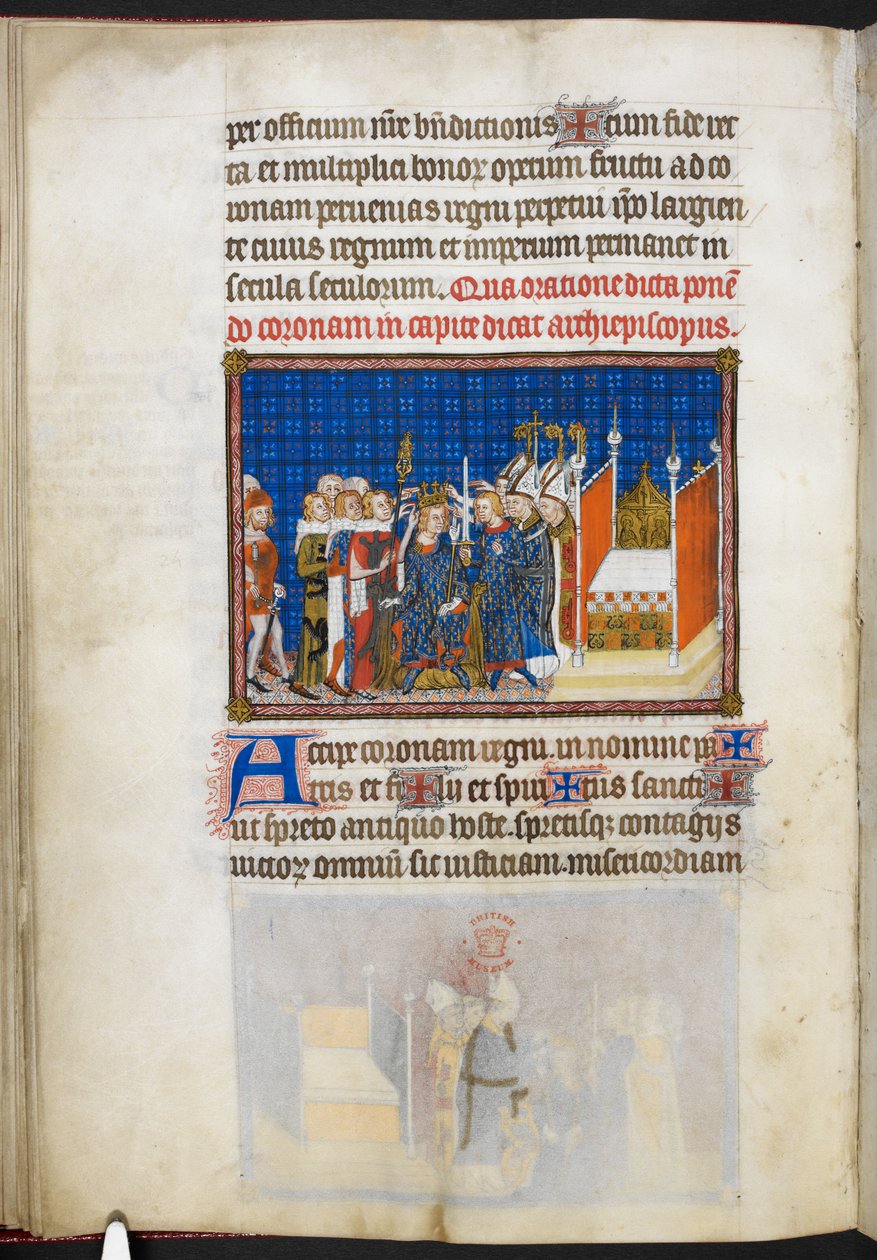 Cotton Tiberius B. VIII f.59v 法国贵族支撑王冠，选自《法国国王查理五世加冕簿》的插图 作者 查理五世加冕书大师