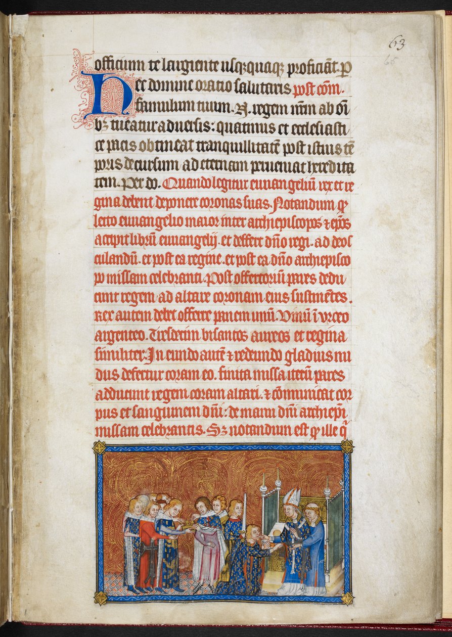Cotton Tiberius B. VIII f.65r，王后进入大教堂，选自《法国国王查理五世加冕簿 作者 查理五世加冕书大师