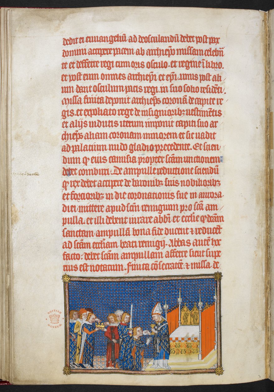 Cotton Tiberius B. VIII f.65v 国王查理五世跪在地上，兰斯大主教将圣餐饼放入他的口中，插图选自 "法国国王查理五世加冕簿"。 作者 查理五世加冕书大师