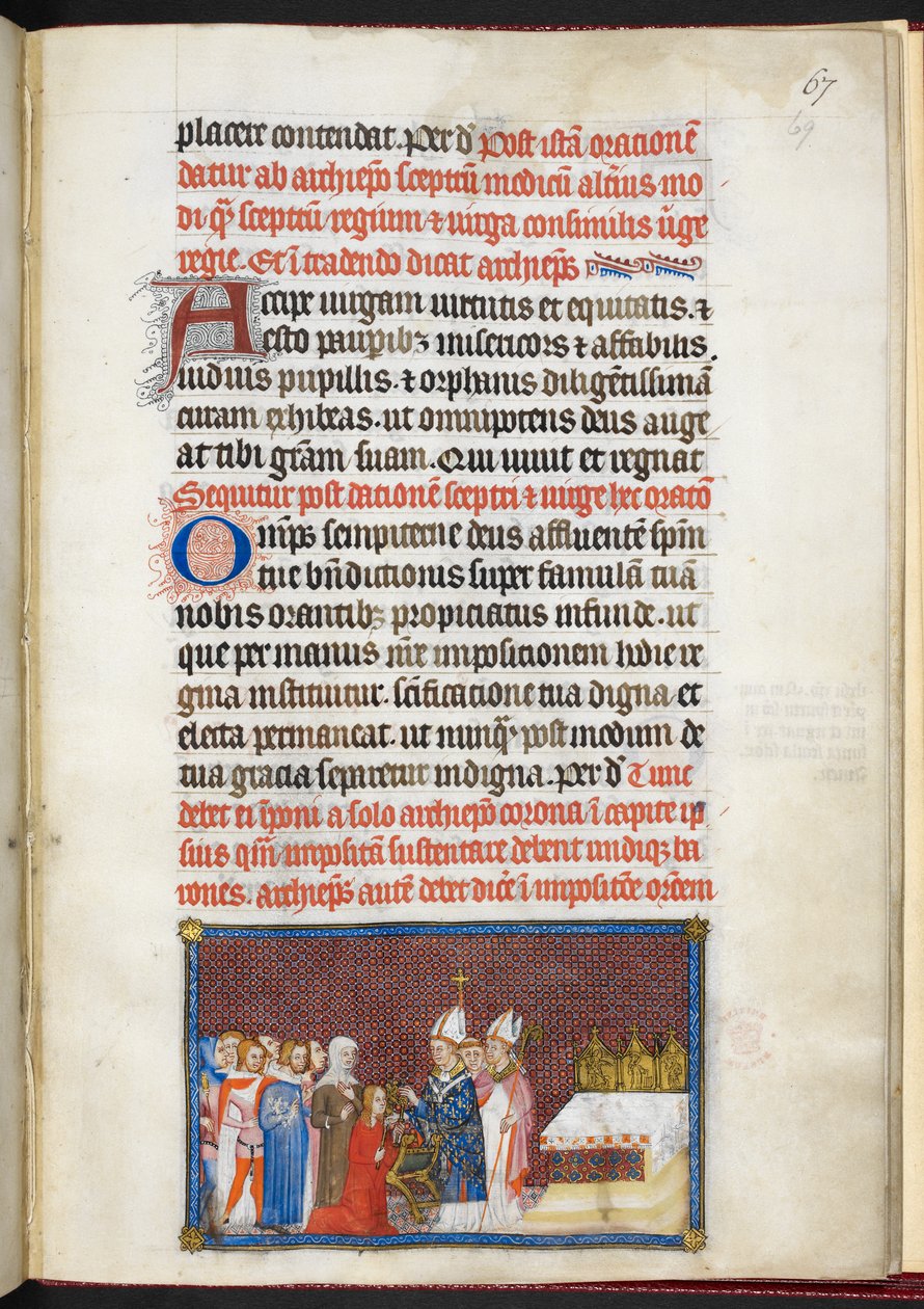 Cotton Tiberius B. VIII f.69r 王后接受权杖和virga，选自《法国国王查理五世加冕簿 作者 查理五世加冕书大师