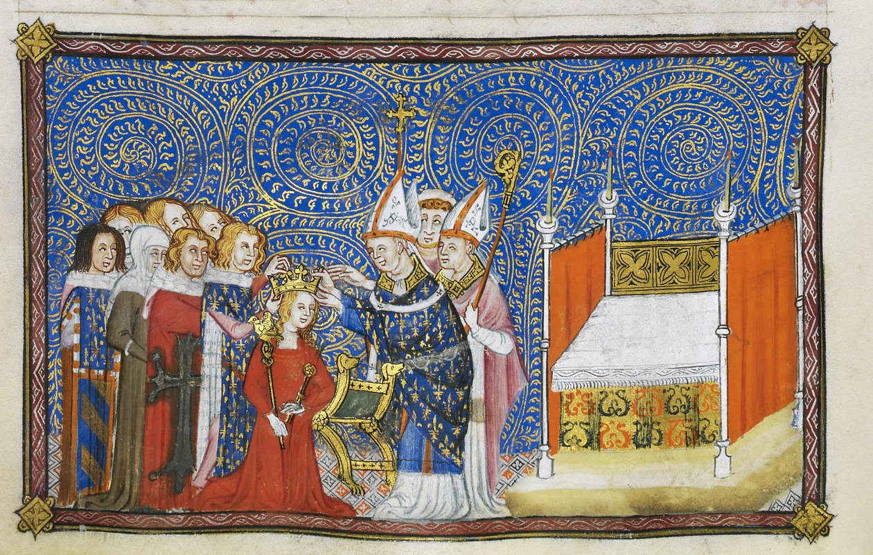 Cotton Tiberius B. VIII f.69v 兰斯大主教将王冠戴在王后头上，男爵们为王后加冕，插图选自 "法国国王查理五世加冕簿"。 作者 查理五世加冕书大师