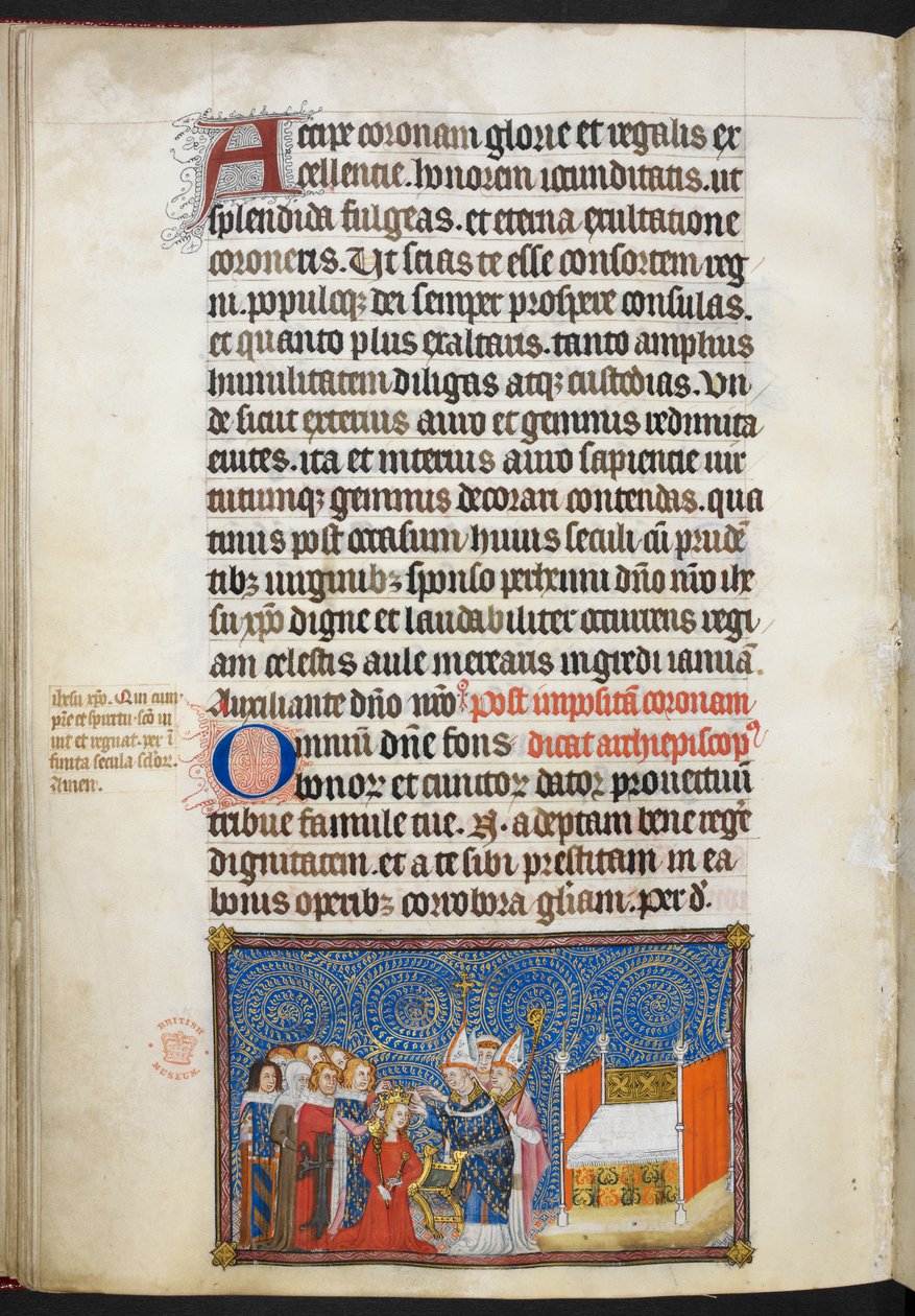 Cotton Tiberius B. VIII f.69v 兰斯大主教将王冠戴在王后头上，男爵们为王后加冕，插图选自 "法国国王查理五世加冕簿"。 作者 查理五世加冕书大师