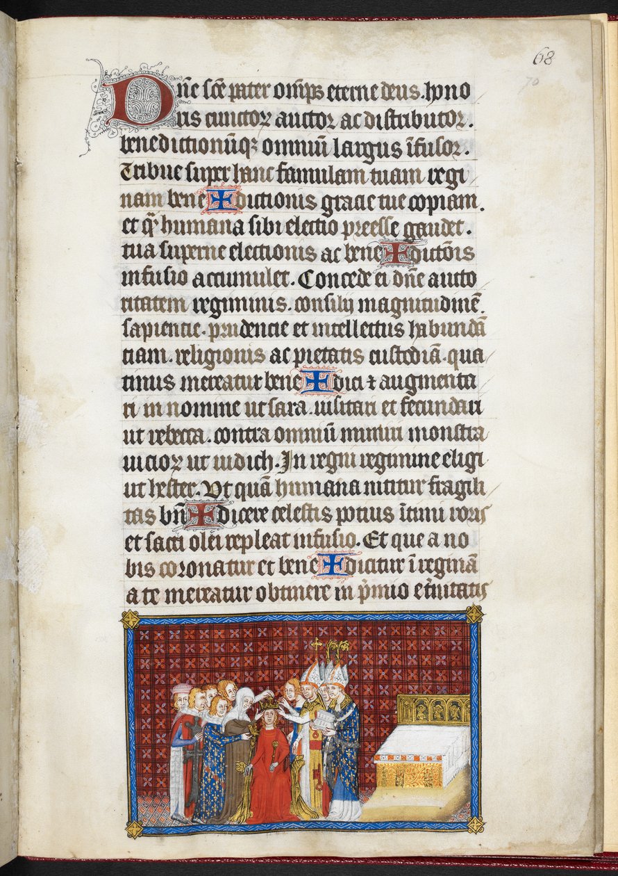 Cotton Tiberius B. VIII f.70r 男爵为王后加冕，选自 "法国国王查理五世加冕记 作者 查理五世加冕书大师