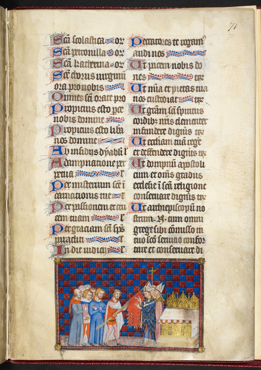 Cotton Tiberius B. VIII f.73r，兰斯大主教祝福 Oriflamme，《法国国王查理五世加冕簿》插图 作者 查理五世加冕书大师