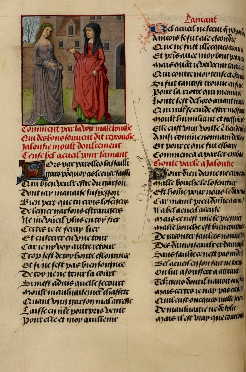 微型画显示 Jalousie（嫉妒）对 Bel Accueil（公平的欢迎）说话，选自《Le Roman de la Rose》。 作者 德累斯顿祈祷书大师