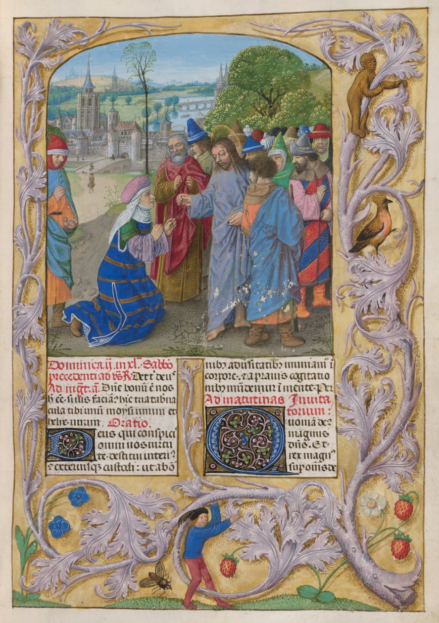 Temporale；Lent II.迦南妇人恳求基督驱除她女儿身上的魔鬼。边框装饰有刺桐、花朵、草莓、鸟和一个人。 作者 德累斯顿祈祷书大师