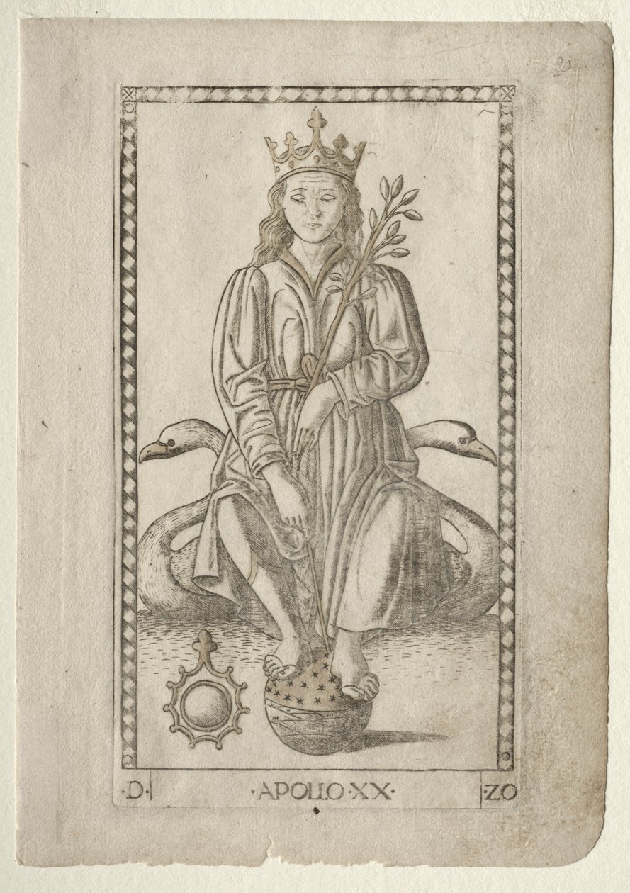 塔罗基（Tarocchi）的阿波罗（Apollo），D系列：1467年以前的阿波罗与缪斯女神（＃20）。 作者 E系列塔罗基大师
