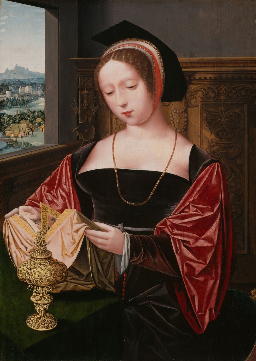 一位正在读书的女士（抹大拉的圣玛丽亚），约 1530 年（油画镶板） 作者 女性半身大师